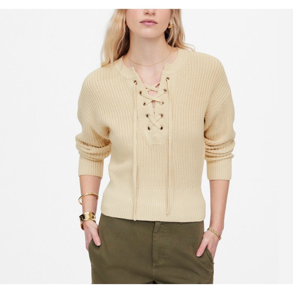 Madewell Women's Ribbed Lace-Up Dropped Shoulder Sweater Cream XXS New